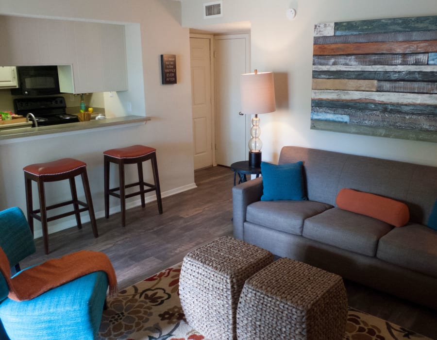 Cozy living room and breakfast bar at The Annex apartments