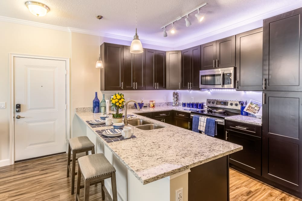 Gourmet kitchen with granite countertops and stainless steel appliances at The Loop at 2800 in Sarasota, Florida