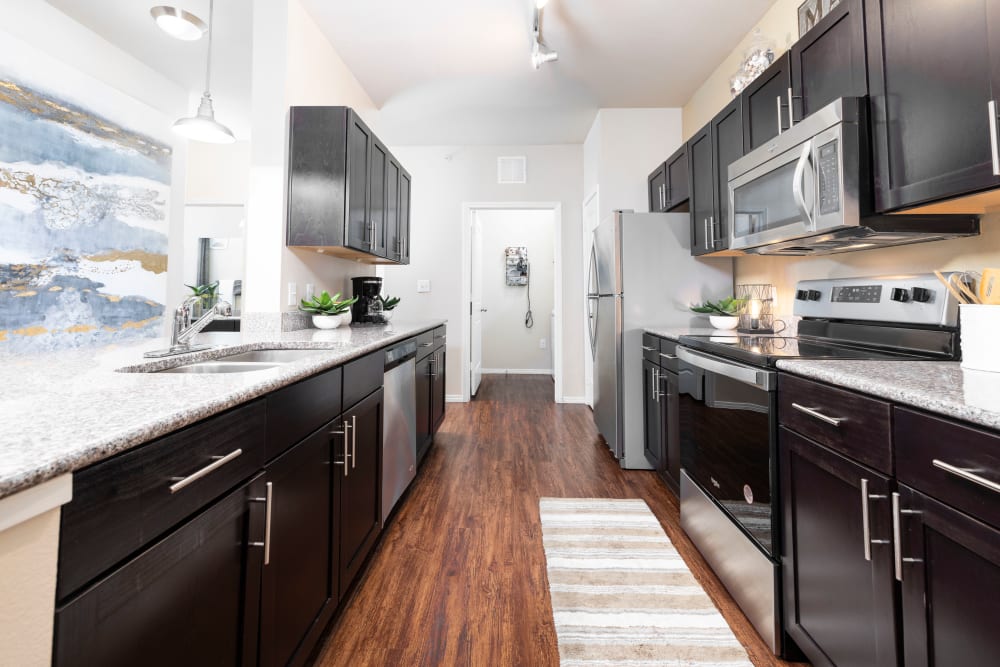 Kitchen of a model apartment at Carrington Oaks in Buda, Texas