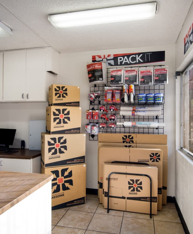 Packing supplies available in the leasing office at StorQuest Self Storage in Los Angeles, California