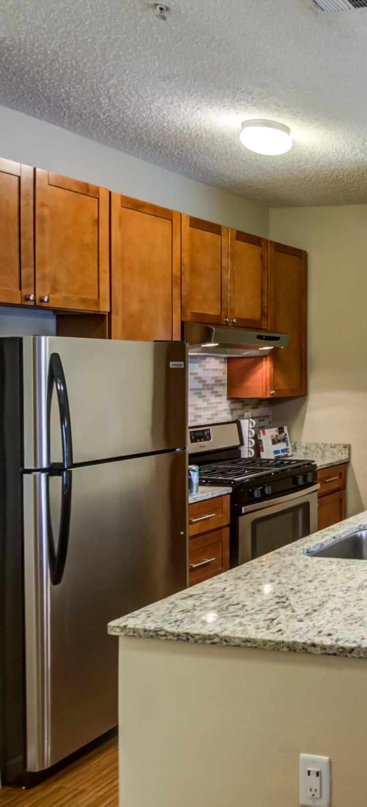 Modern kitchen with sleek, stainless-steel appliances at Sofi Parc Grove in Stamford, Connecticut