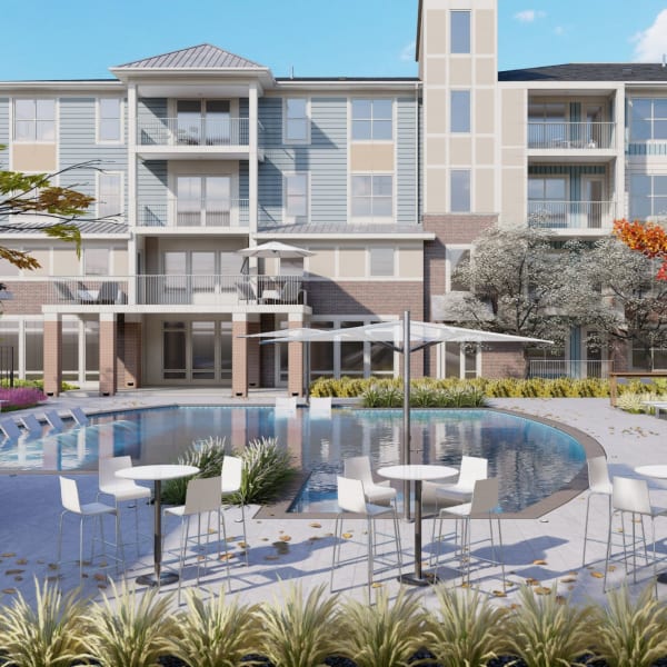 Tables by the pool at Attain at Towne Centre, Fredericksburg, Virginia