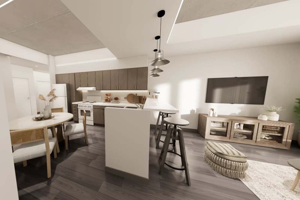 Rendering of a three bedroom kitchen with dining area at Lark Landing in San Francisco, California