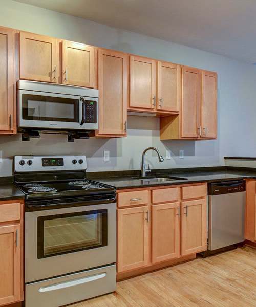 Apartment kitchen at Stone Center Lofts in Wheeling, West Virginia