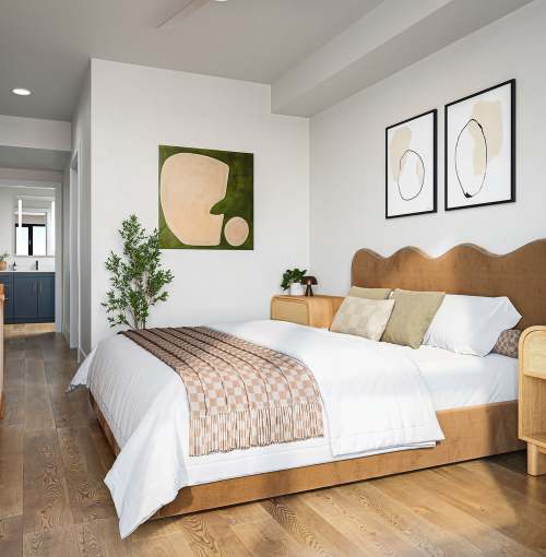 Cozy bedroom with modern decor at Treehouse in San Diego, California