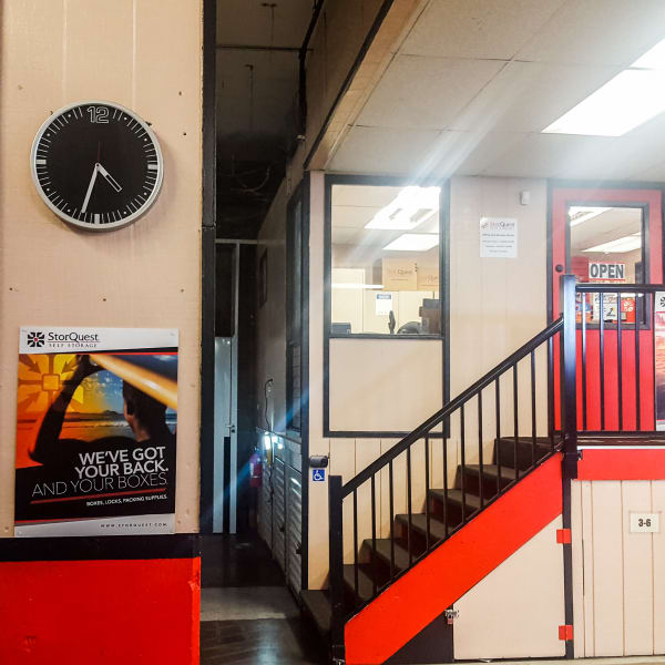 Stairs leading to the front office at StorQuest Self Storage in Shirley, New York