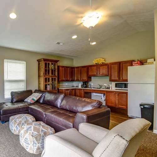 Community room with kitchen and lounge space at Hyden Greene in Philippi, West Virginia