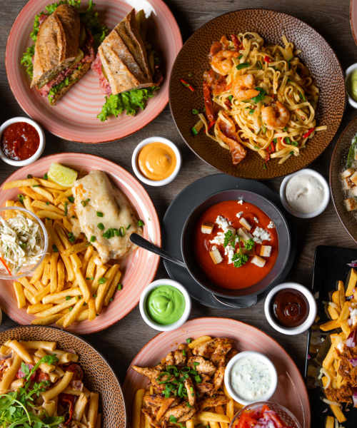A variety of colorful plates of food at a restaurant near Somerset Court in Baltimore, Maryland