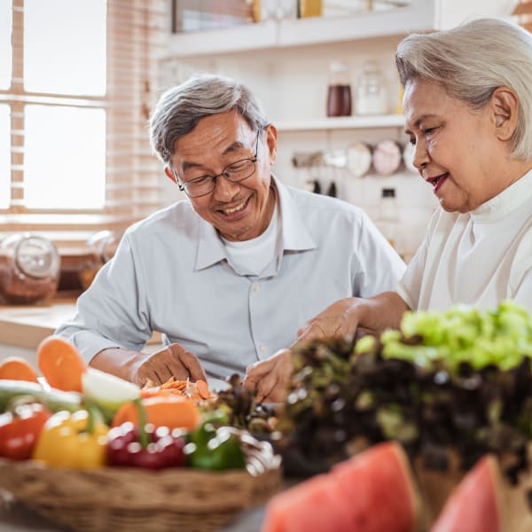 Residents prepare a fresh meal in their kitchen at Messenger Place, Manassas, Virginia