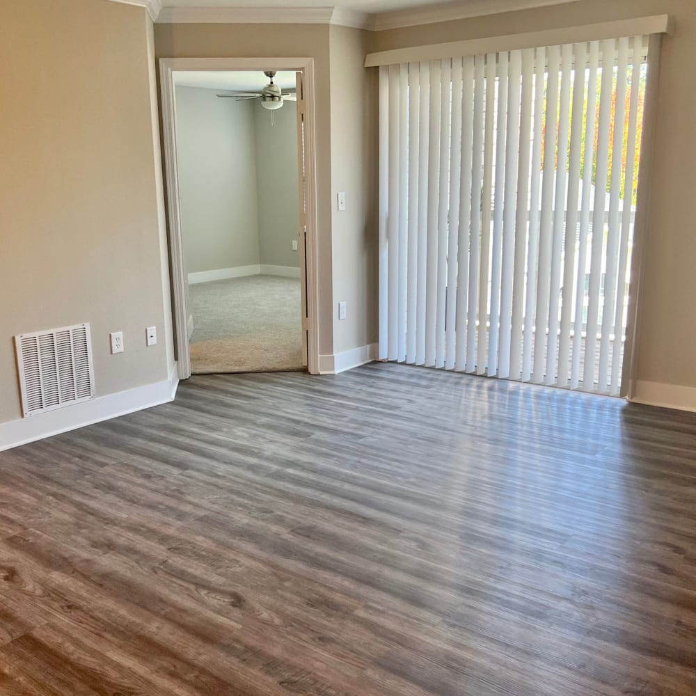 Wood flooring in a an apartment living room at The Legends on the Park in Eureka, Missouri
