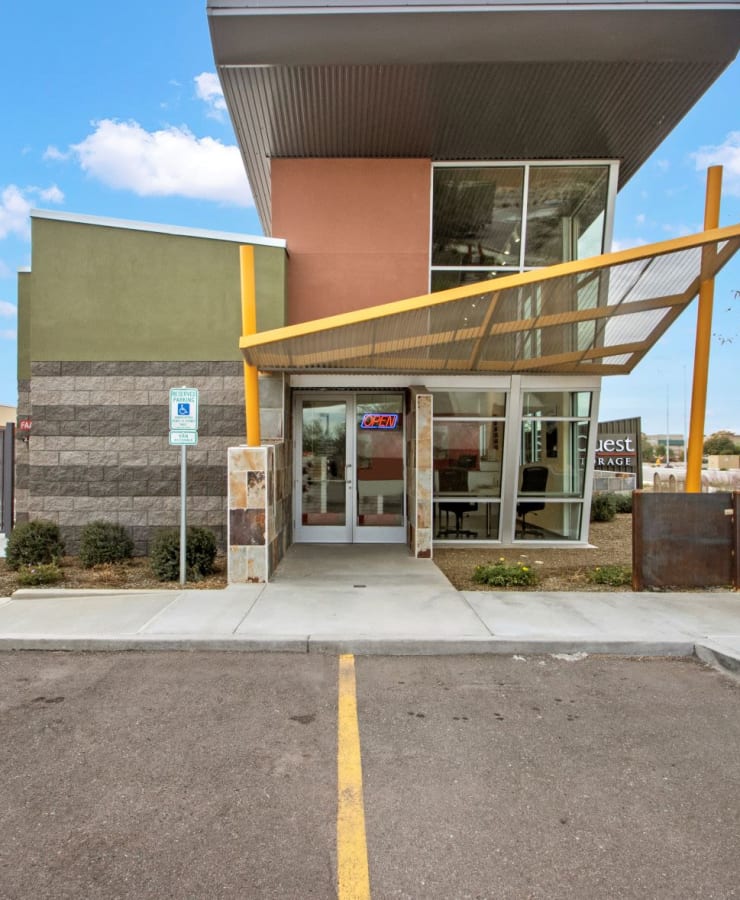 The exterior of the main entrance at StorQuest Self Storage in Surprise, Arizona