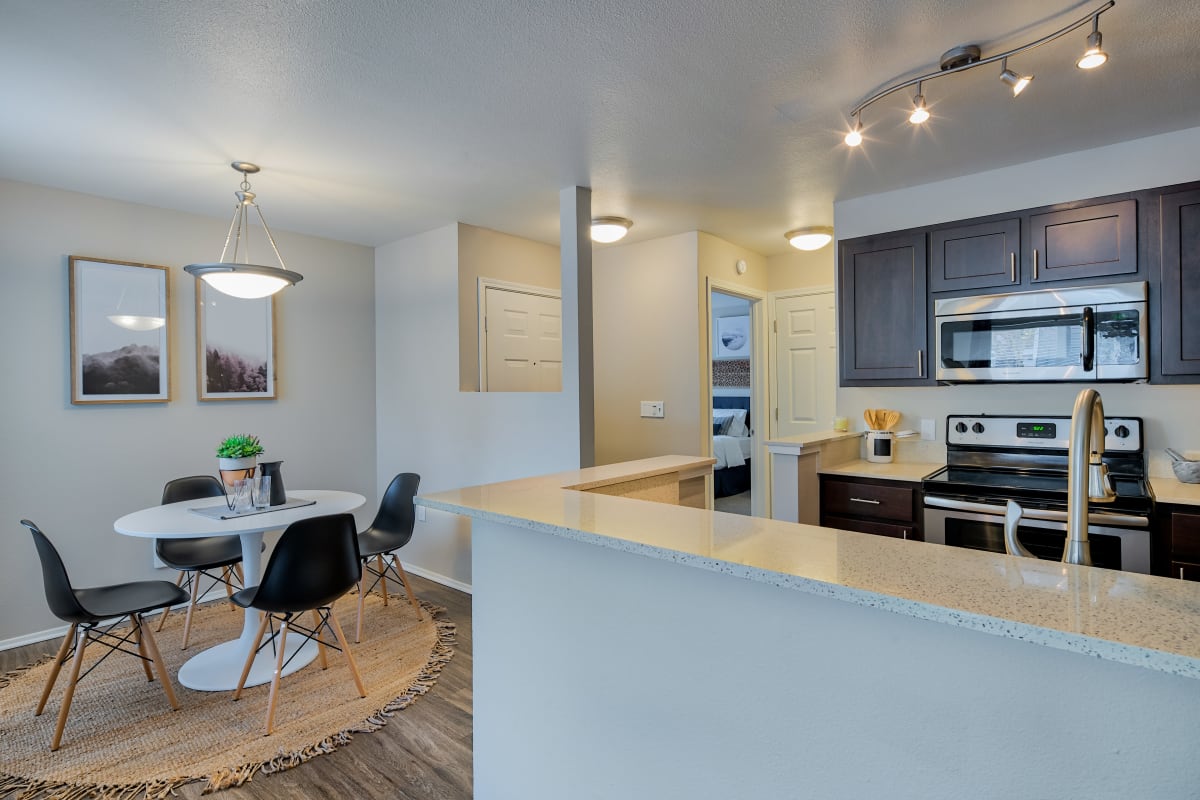 Apartment kitchen with stainless-steel appliances at Kruseway Commons in Lake Oswego, Oregon