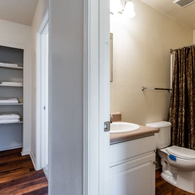 Towel storage next to the bathroom at Serra Mesa in Oceanside, California