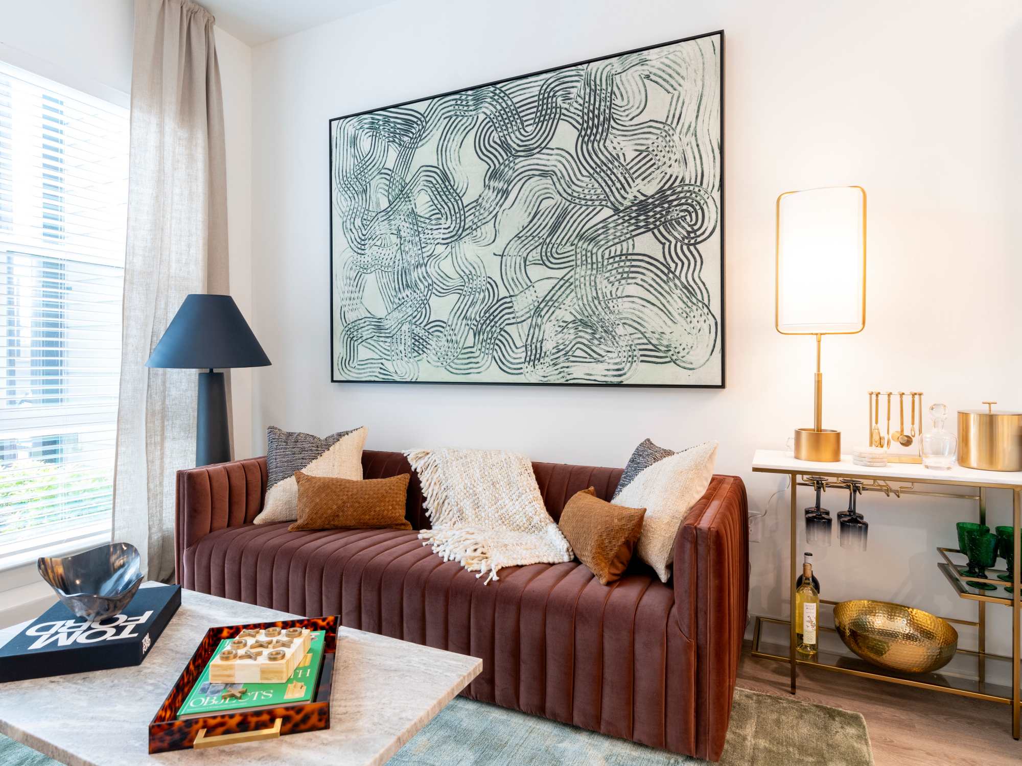 Modern decor in an apartment bedroom at Terrazzo in Durham, North Carolina