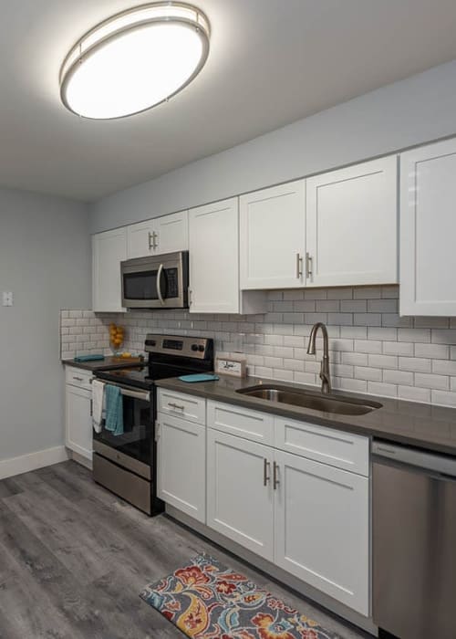 Modern kitchen with stainless-steel appliances at Reserves at Tidewater in Norfolk, Virginia