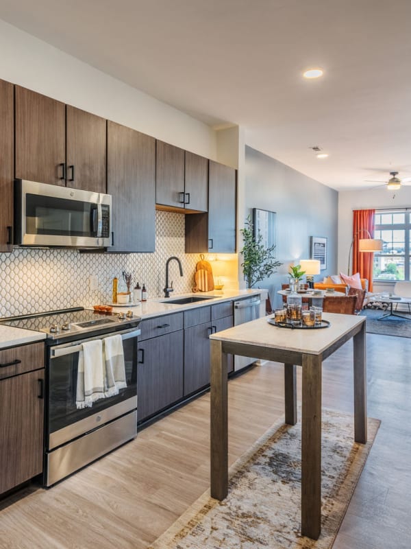Gourmet kitchen with stainless-steel appliances at District Flats in Charlotte, North Carolina