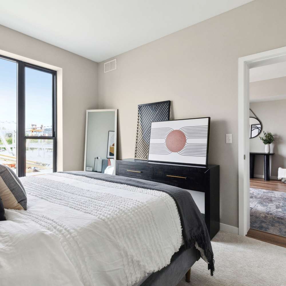 Bedroom with carpet flooring at Oaks Pentagon Village in Edina, Minnesota