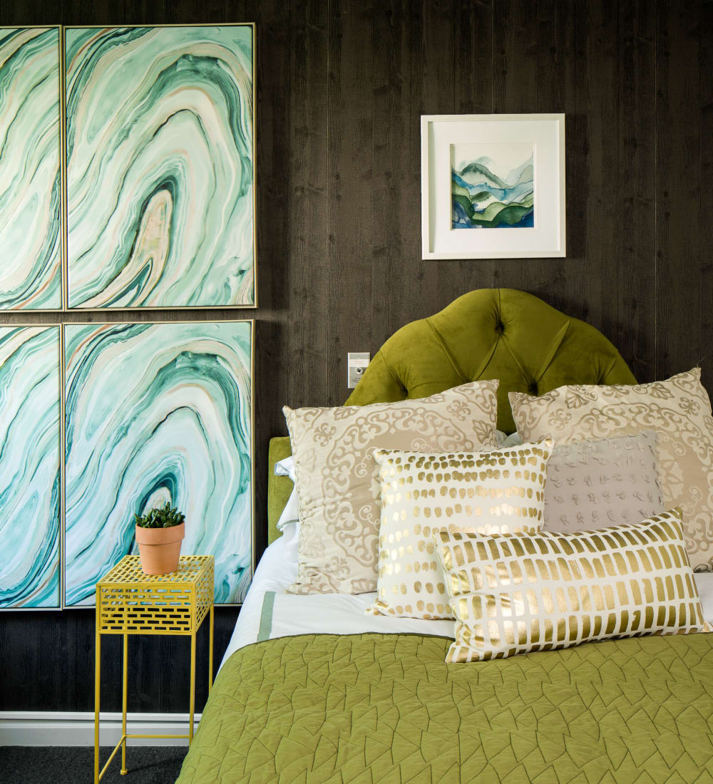 Stylish model bedroom in a student apartment at The Gramercy in Manhattan, Kansas