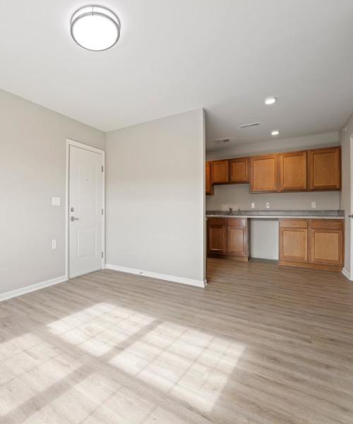 View of the kitchen from the living room at Kershaw Greene IV in Athens, Ohio 