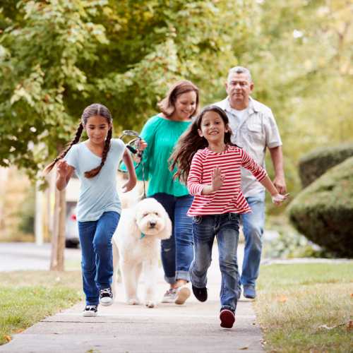 Family walking with dog in pet-friendly community at Jefferson Manor Townhomes in Fairport, New York