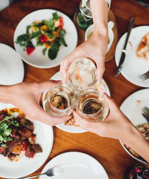 Residents enjoy food and drinks near Landmark at Dublin in Dublin, Pennsylvania