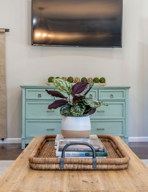 A coffee table in the community clubhouse at The Highland Club in Baton Rouge, Louisiana