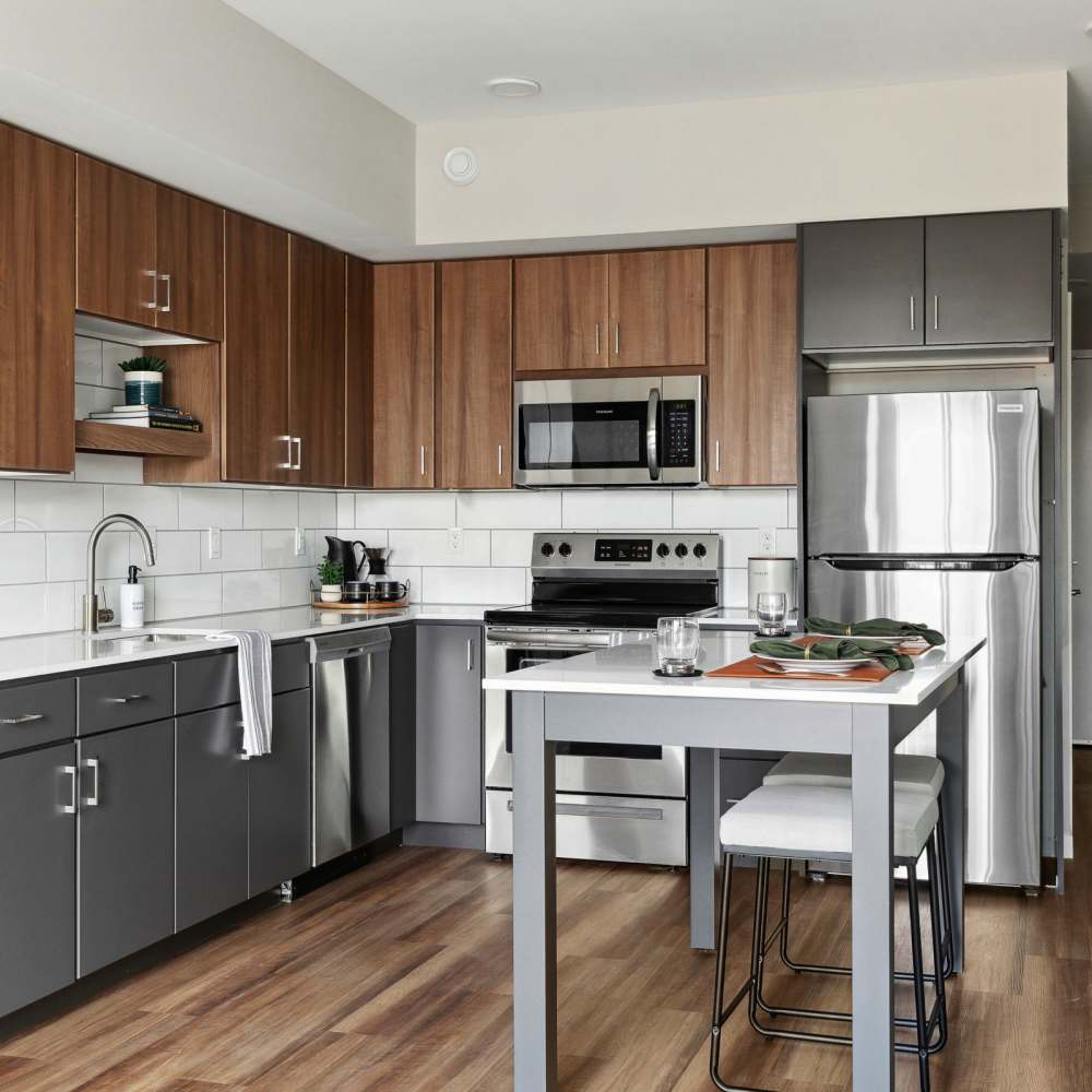 Kitchen with wooden flooring at Oaks Pentagon Village in Edina, Minnesota