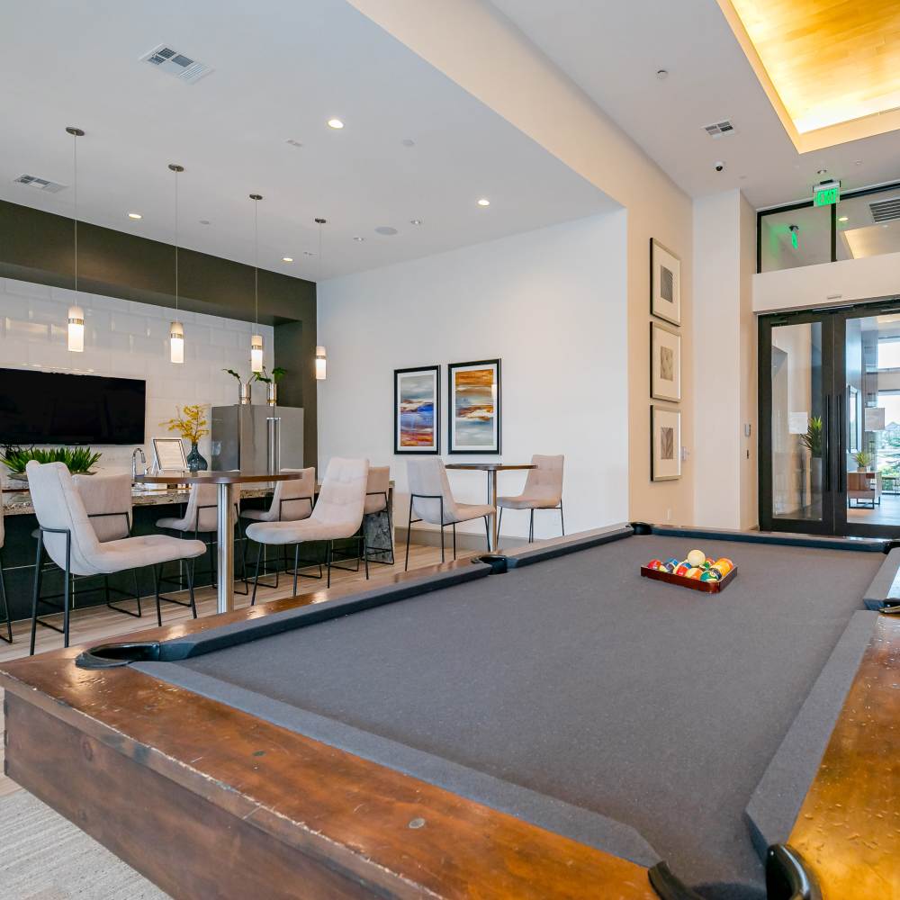 Clubhouse with billiard board at NOVU New Forest in Houston, Texas