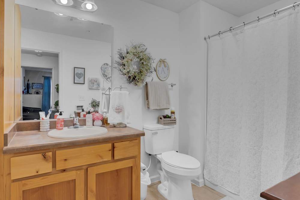 Bright bathroom with vanity light, mirror, sink, commode and bathtub at River Ridge in Sand Springs, Oklahoma