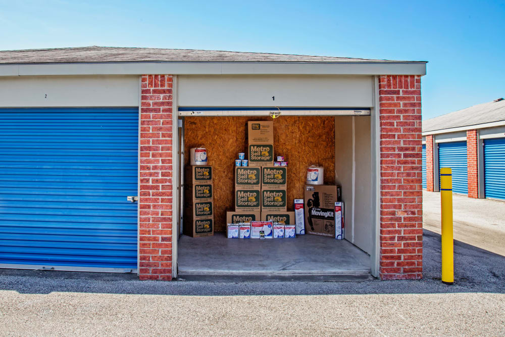 Open unit with packages at Metro Self Storage in La Marque, Texas