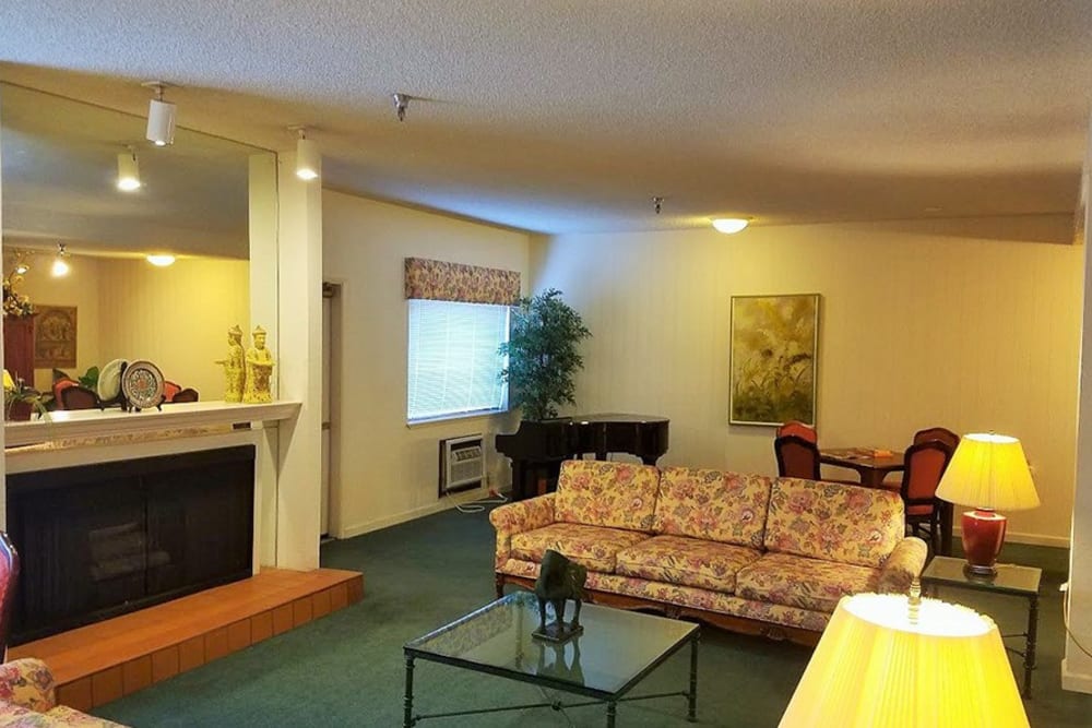 Cozy fireplace at Leisure Manor Senior Living in Sacramento, California