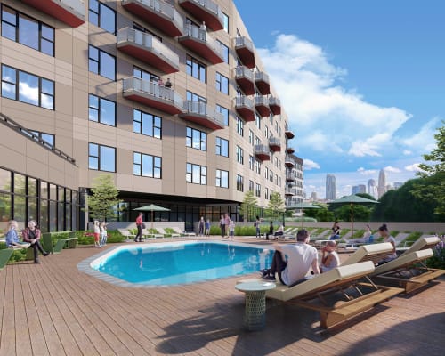 Stunning resort-style community pool and sundeck at The Row in Raleigh, North Carolina