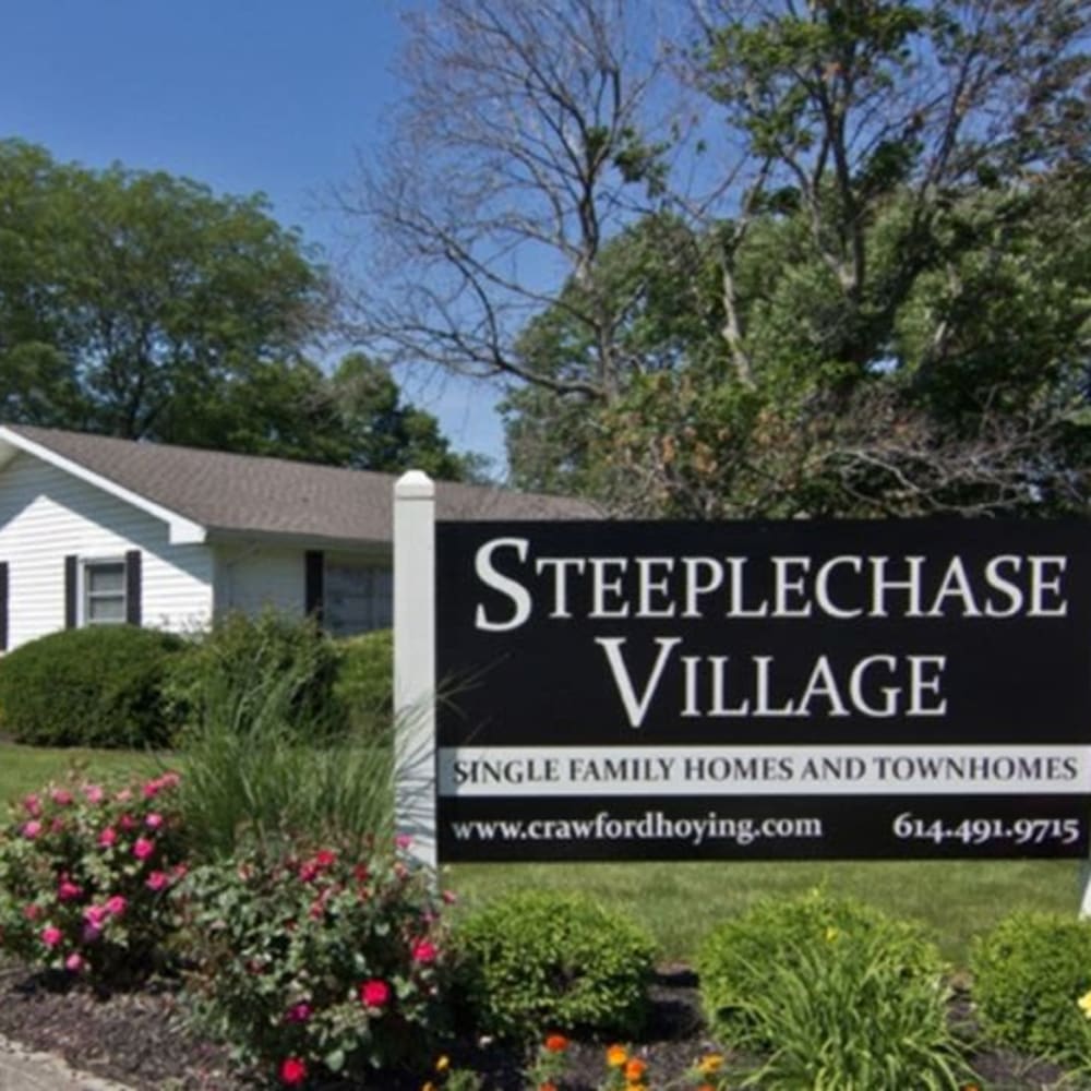 Steeplechase Village sign outside leasing office in Columbus, Ohio