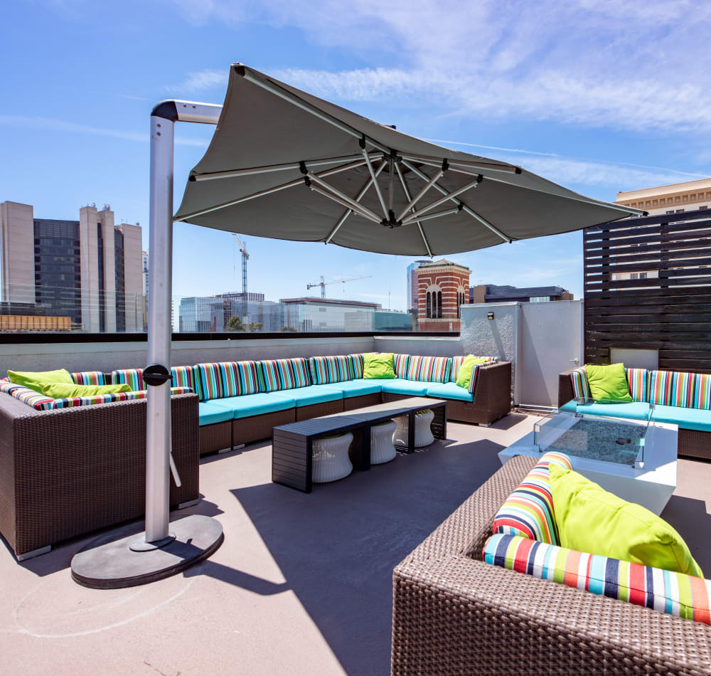 Plenty of comfortable places to relax at the rooftop lounge at Sofi at 3rd in Long Beach, California