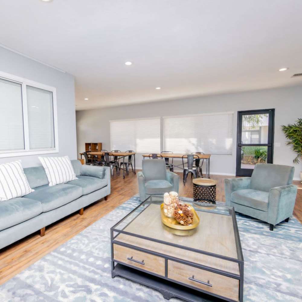 Clubhouse with coffee table at Fairvalley Villa in Covina, California  