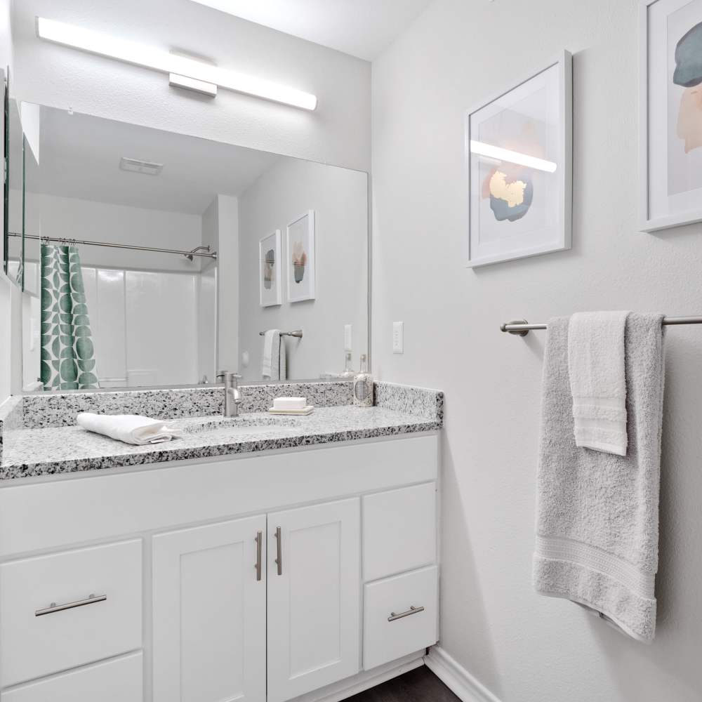 Storage vanity with mirror in bathroom at Vida Apartments in St. Charles, Missouri