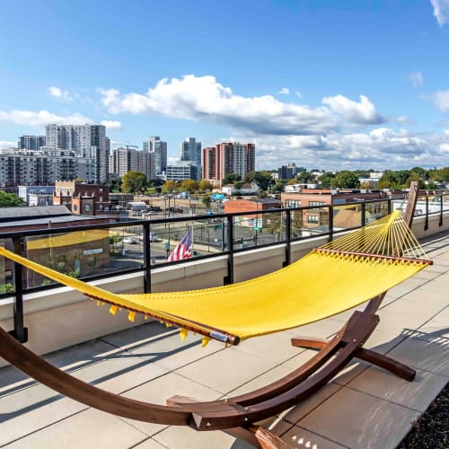 Hammocks on the roof deck at 111 Harbor Point in Stamford, Connecticut