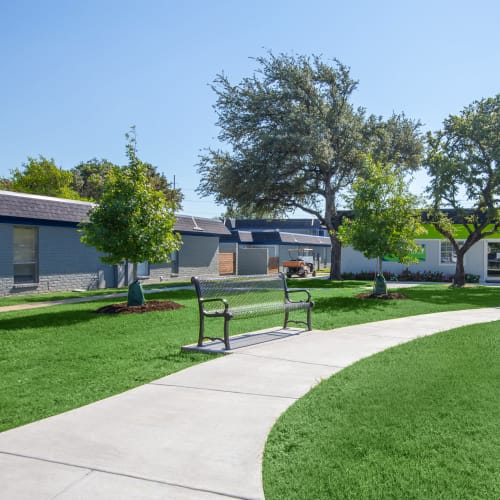 Exterior with greenery and pathway at Evana Grove in Plano, Texas