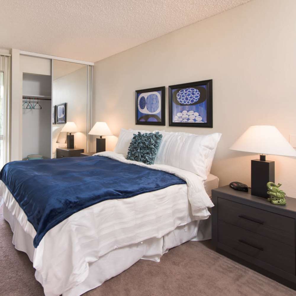 Modern apartment bedroom at Civic Plaza in Santa Clara, California