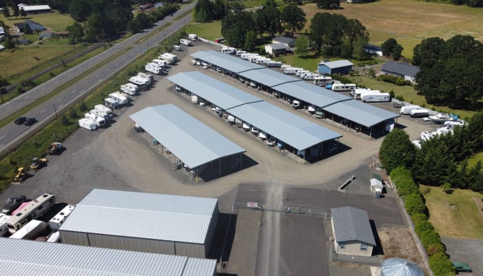 Aerial view of Newberg RV Storage with electronic gated access in Newberg, Oregon