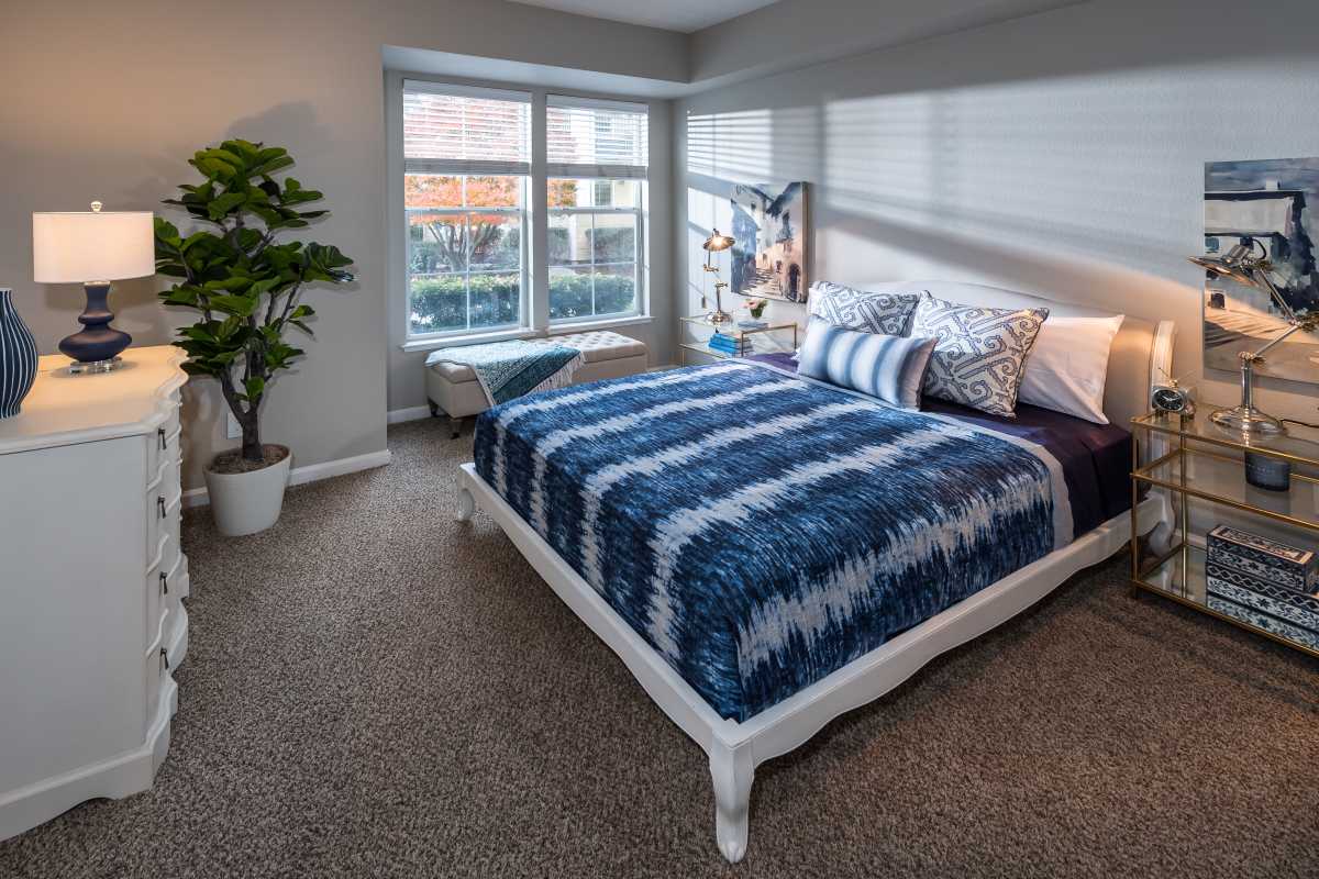 Comfortable bedroom with large bed, carpet flooring and large window at Nantucket Apartments in Santa Clara, California