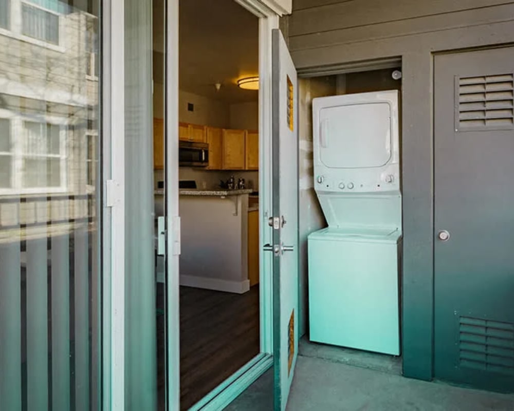 Balcony with laundry unit at  Seville at Mace Ranch in Davis, California