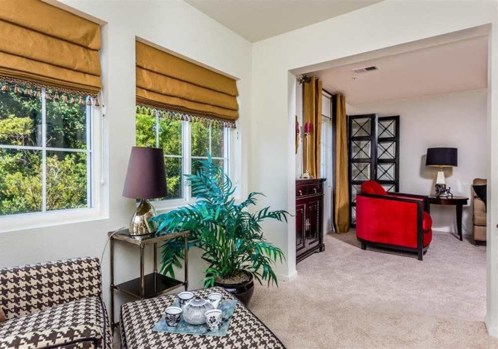 Living room with open layout and plenty of natural light from lots of large windows facing the trees at Eagle Point Village in Fayetteville, North Carolina