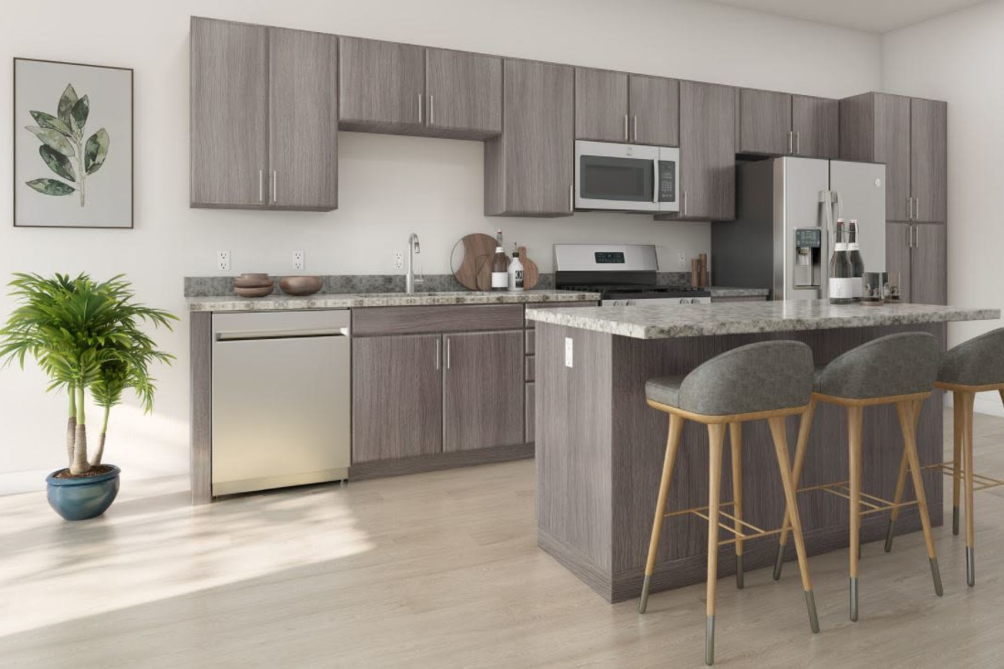A kitchen with granite countertops and modern furnishings at The Hardison in Salt Lake City, Utah