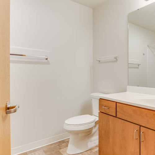 Bathroom of an apartment at Fox Crossing Apartments in Burlington, Wisconsin