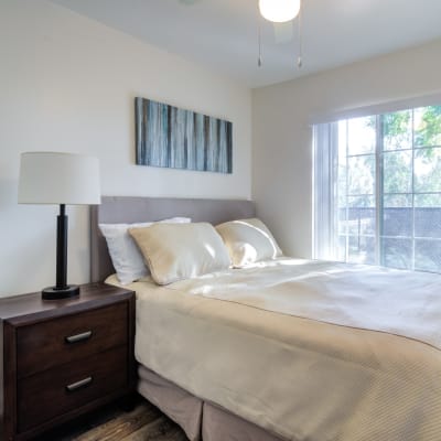 A well-lit bedroom at Santo Terrace in San Diego, California