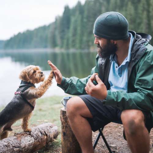 Resident with their dog near Trailhead Flats in Colorado Springs, Colorado
