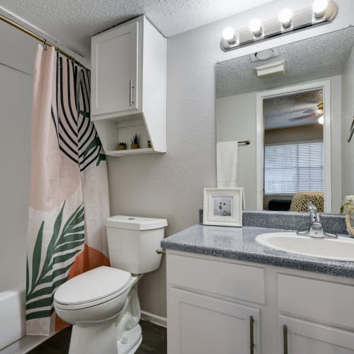 An apartment bathroom at The Sage at 1955 in San Antonio, Texas