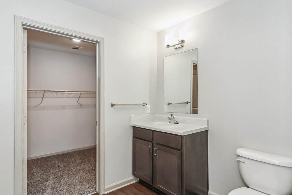 A bathroom with walk-in closet at Flats at Mount Zion in Stockbridge, Georgia