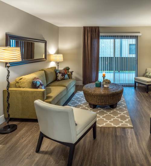 model unit living room at Harbor Cove Apartments in Foster City, California,